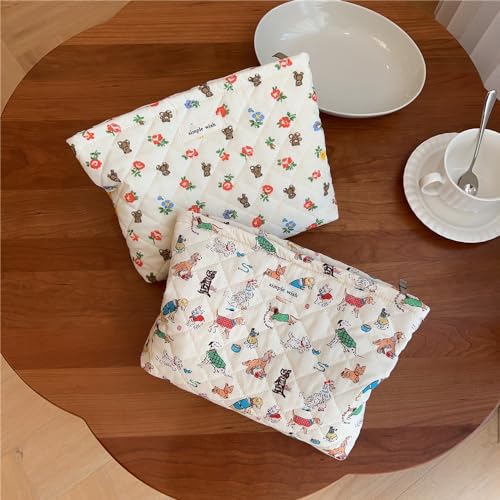 Quilted Cotton Makeup bag Cute Animal Cosmetic bag,Cotton Aesthetic Makeup Bag Large Capacity Travel Toiletry Bag for Women and Girls(01Dog)