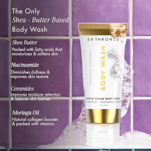 54 Thrones Mini Non-Stripping Butter Cream Body Wash, Shea Butter Body Wash, Exfoliating & Moisturizing Liquid Soap, Ugandan Vanilla + Ethiopian Honey