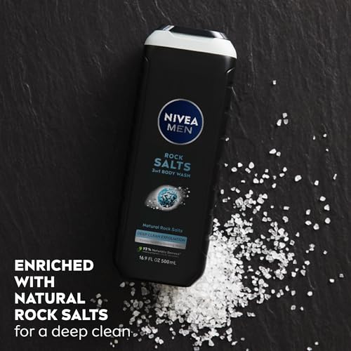 NIVEA MEN Deep Clean Rock Salts Body Wash with Scrub Particles and Natural Rock Salt,Exfoliating Body Wash for Men,Cleanses Without Drying Skin,16.9 Fl Oz Bottle,(Pack of 6)