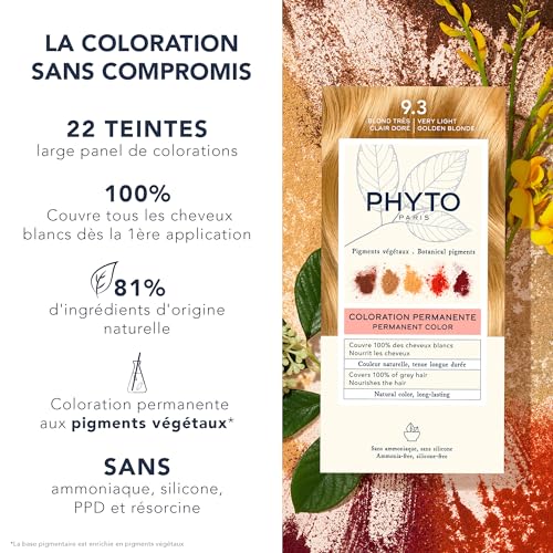 Phytocolor Permanent Hair Color, 9.3 Very Light Golden Blond, with Botanical Pigments, 100% Grey Hair Coverage, Ammonia-free, PPD-free, Resorcin-free