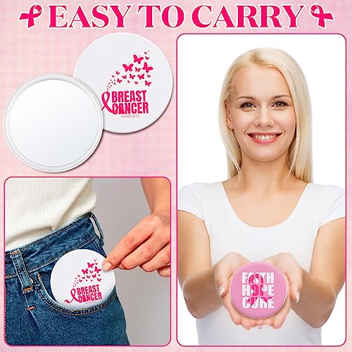 Soaoo 60 Pcs Breast Cancer Awareness Gifts for Women Pink Ribbon Pocket Mirror Bulk Round Portable Compact Mirror 2.68 Inch Makeup Mini Mirror Breast Cancer Awareness Accessories for Women
