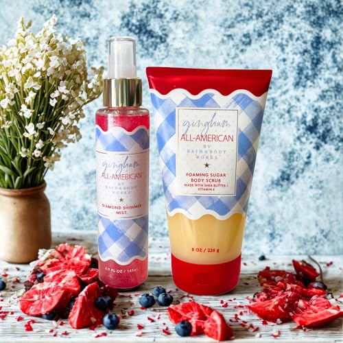 Bath & Body Works GINGHAM ALL-AMERICAN Foaming Body Scrub & Diamond Shimmer Mist 2pc Gift Set with a Blue-Ribbon Bow ? Festive Full-Size Duo for Holidays