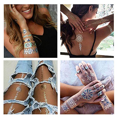 9 sheets 110+ Metallic Temporary Tattoos for Adult Women Girls Tattoos Gold Silver Glitter Flash Waterproof Tattoo Stickers for Beach, Festivals, & Parties