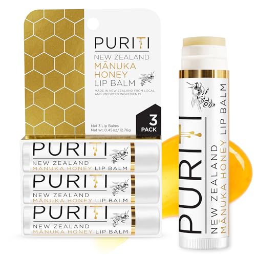 PURITI Manuka Honey Lip Balm ? 3pack Soothing & Moisturizing, Enriched with Almond, Jojoba, Macadamia Oils, Cocoa Butter, Hydrating for Dry & Chapped Lips, 100% Genuine New Zealand Manuka Honey
