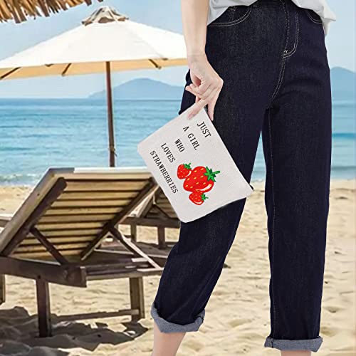 LEVLO Funny Strawberry Cosmetic Bag Fruit Lover Gift Just A Girl Who Loves Strawberries Makeup Zipper Pouch Bag Strawberry Lover Gift (Who Loves Strawberries)