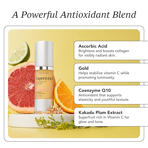 Peaches Skin Care Squeezed Vitamin C Serum with Kakadu Plum, Gold and CoQ10 ? Lightweight Hydrating Formula for Radiant-Looking Complexion ? Vegan Skincare for Women, 1 fl oz