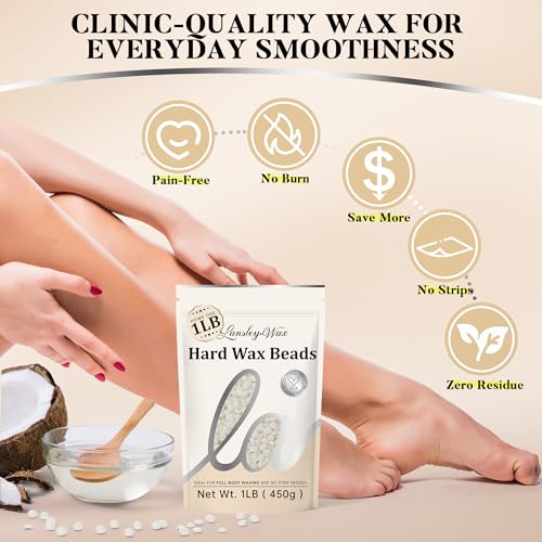 LANSLEYWAX White Hard Wax Beads, 1LB Wax Beans for Sensitive Skin & Full-Body Hair Removal, Brazilian/Bikini/Face/Legs/Eyebrow/Armpit/Chest Waxing Refill at Home for Women & Men, Stripless Formula