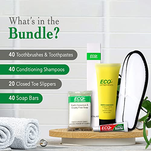 ECO amenities Bulk Hotel Toiletries Set - Travel Toothbrush Set - Cruelty-Free Shampoo & Conditioner - Bar Soap Bulk & Closed-Toe Slippers - 140 Pieces, 30ml Shampoo, 14g Soap, Green Tea