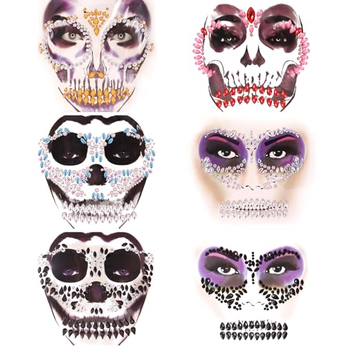 Erythem Skull Face Gems 6 Pack Day of the Dead Face Jewels Crystals Skeleton Face Gems for Halloween Festival Rave Party Makeup