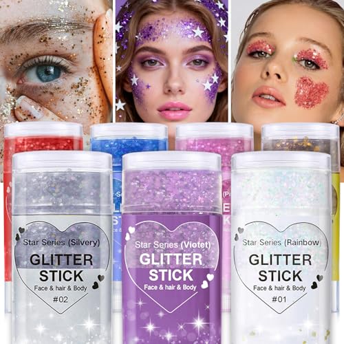 Christmas Body Glitter Stick, Purple Sequin Hair Glitter for Rumi Costume Cosplay and Tattoos Makeup, Chunky Glitter Face Paint, Waterproof Hair Glitter Gel for Glirs and Women (Purple)