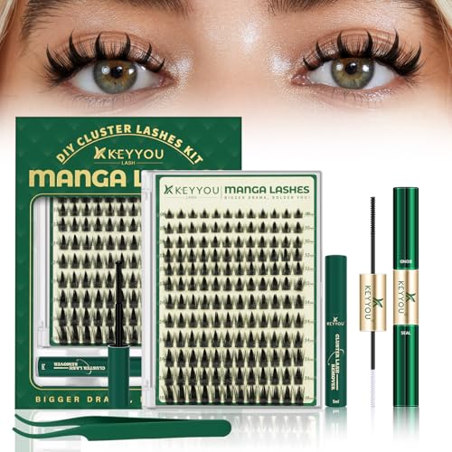 KEYYOU Manga Lash Clusters Kit 8-18mm Eyelash Clusters Kit DIY Lash Extension Natural Fairy Cluster Lashes 144pcs with Lash Bond Seal Remover Applicator Soft Thin Band(Faye)