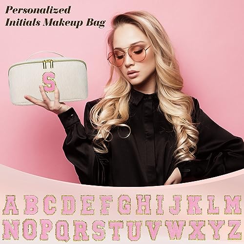 Personalized Initial Makeup Bag, Valentine's Day Gifts for Girls,Preppy Bag Cosmetic Travel Bag Women,Travel Toiletry Organizer,Large Capacity Corduroy Stuff Bag,Cute Cosmetic Pouch Skincare Bag