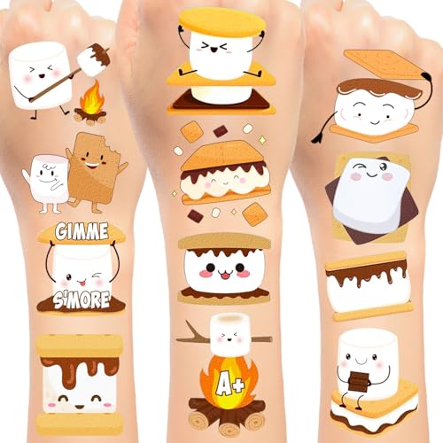 192 PCS Smores Temporary Tattoos Stickers, Smores Party Favors Campfire Birthday Party Decorations Supplies