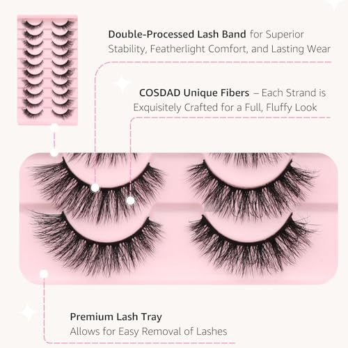 Cat Eye False Eyelashes ? Natural Look, Wispy & Lightweight Glue-On Lashes, Reusable Fake Eyelashes for Everyday & Party Makeup (10 Pairs)