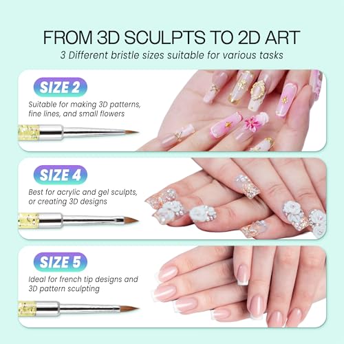 PANA Kolinsky 3D Acrylic Nail Brushes with Liquid Glitter Handle - For Professional Acrylic Powder Liquid Manicure Pedicure (Rainbow Color, Size #2)