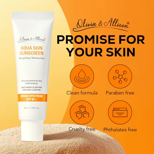 Olivia & Allison Aqua Sunscreen SPF 50+ PA++++ (1.69fl.oz) - Non-Sticky Korean Sunscreen, No White Cast & Invisible