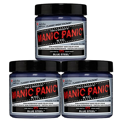 MANIC PANIC Classic Blue Steel Semi Permanent Hair Color - Cool Silver Hair Dye for Women & Men That Lasts 4-6 Weeks - Vegan, Ammonia & Cruelty-Free - Create & Mix Custom Shades (4oz / 3pk)