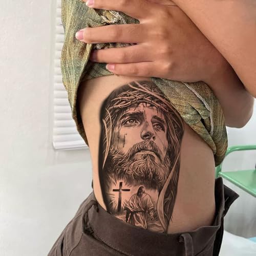 2 Sheets Temporary Tattoos Stickers Jesus Cross Religion Old School Designs For Men Waterproof Arm Leg Fake Body Art, Gym & Parties Bold Masculine Decals
