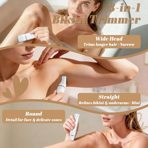 3-in-1 Bikini Trimmer for Women ? Electric Razor for Women, Body Hair Trimmer with Charging Dock & USB-A to C7 Cable, IPX7 Waterproof, 1-Month Cordless Use, Safe Multi-Area Grooming ? X5 White