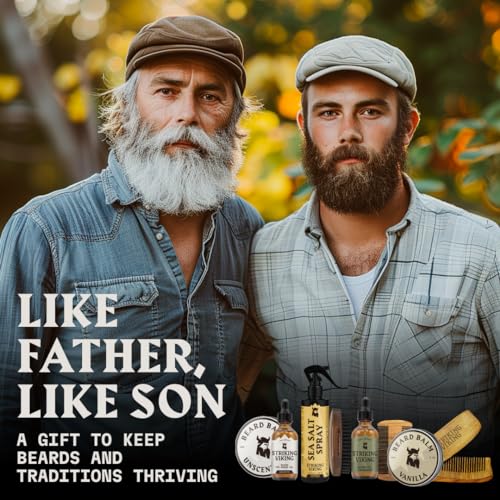 Striking Viking Beard Growth Kit - 7-Piece Set, Sandalwood - Softening Sandalwood Beard Oil & Balm - Brush with Mustache Comb & Scissors - Compact Caddy Organizer & Gifts for Men