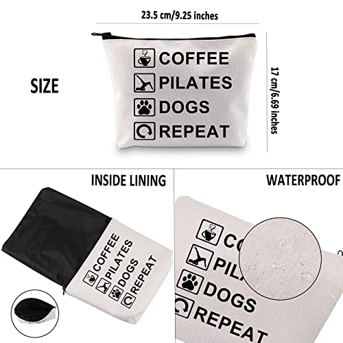 G2TUP Coffee Pilates Dogs Repeat Makeup Bag Coffee Pilates Dog Lover Cosmetic Bag Pet Owner Gift Coffee Dog Pilates Themed Zipper Travel Pouch (Coffee Pilates Dogs Repeat White Bag)