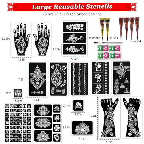 12 Sheets Temporary Tattoo Stencils Kit-Large 78 Pcs Tattoo Patterns-6 Pcs (Brown/Black/Maroon) Ink with Paint Brush for DIY Body Art-Tattoos for Women Men Kids