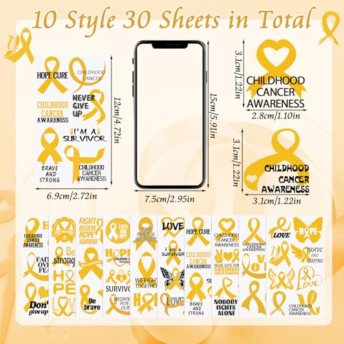 WANDIC 30 Sheets Childhood Cancer Awareness Temporary Tattoos, Gold Ribbon Awareness Tattoo Sticker Cancer Survivor Decals for Charity Decoration