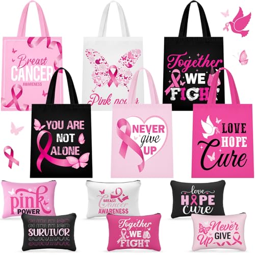 Blosssound 12 Pcs Breast Cancer Awareness Gift Bulk Tote Bags and Cosmetic Pouches Set Pink Ribbon Canvas Reusable Bags for Survivor Gifts Fundraiser Giveaways Charity Walks Awareness Events