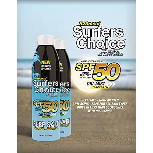 2-Pack H2Ocean Surfers Choice Tattoo Sunscreen SPF 50 UVA/UVB Sunscreen with Tattoo Protek Quick Dry Reef Safe Water Resistant