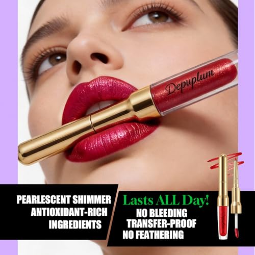 Red Metallic Lipstick and Lip Liner Combo Makeup 2-in-1 Shimmer Glitter Lipsticks for Women Metallic Lip Gloss Stain Waterproof Smudgeproof Long Lasting Lipsticks (GB26 One Kiss) | long lasting, metallic, waterproof, smugeproof, shimmer