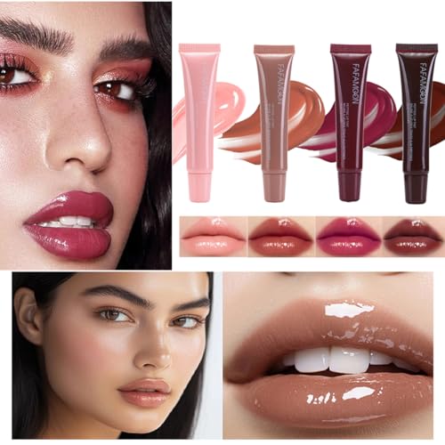 4 Colors Hydrating Lip Gloss Set,Glitter Glossy Plumping Lip Glow Oil,High Shine Glass Finish Lip Jam,Shiny Jelly Liquid Lipstick For Women And Girls