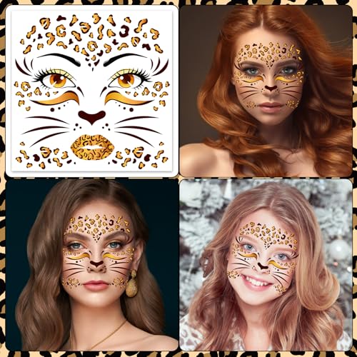 HOWAF 4 Sheets Leopard Face Tattoos, Cheetah Full Face Tattoos Stickers, Leopard Frint Temporary Tattoos for Carnival Party Halloween Costume Makeup Accessories, Cheetah Fake Tattoos Sheets