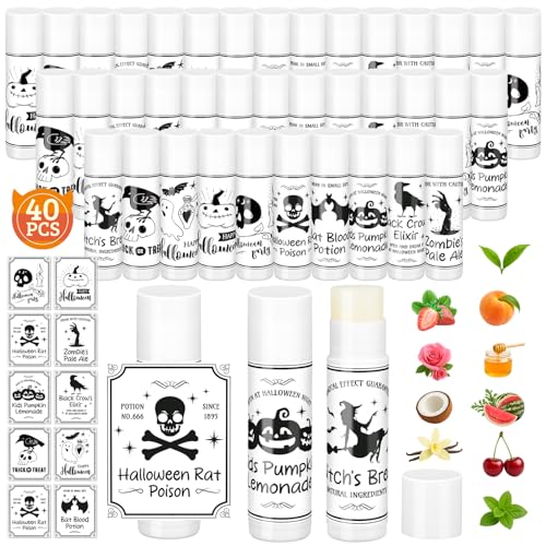 MOVINPE 40 Pack Halloween Lip Balm Party Favors ? Bulk Assorted Flavored Lipsticks with 10 Spooky Designs, Candy Alternative for Trick-or-Treat, Goodie Bags, Classroom & Party Supplies