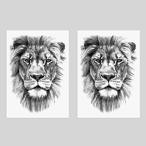 2 Sheets Realistic Animal Temporary Tattoos Stickers Sketch Lifelike Lion Designs For Men Waterproof Arm Leg Fake Body Art, Gym & Parties Bold Masculine Decals