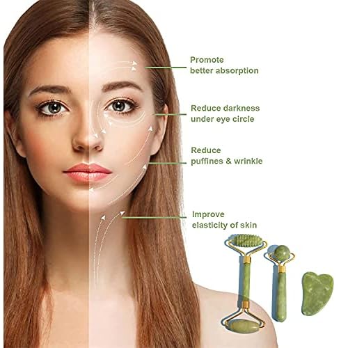 3 in 1 Jade Roller & Gua Sha Set - Natural Jade Facial Massager with Textured Roller, Anti Aging Skincare Tools for Face, Eye, Neck Massage, Promote Serum Absorption, Bester Gift for Women & Men