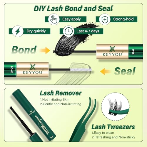 KEYYOU LASH Flora Lash Clusters Kit 3D DIY Lashes Extension Kit Eyelash Clusters 144pcs Thick Individual Lashes Fluffy and Soft Wispy Volume Lashes with Waterproof Lash Bond and Seal & Remover (F01)