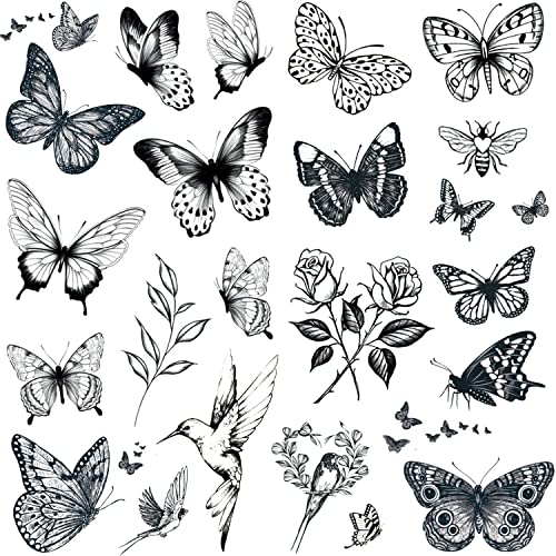 Tazimi 6 sheets large Black Butterfly Temporary Tattoos for Women-flowers butterflies Hummingbird swallow Rose Temporary Tattoos Waterproof Long Lasting Tattoos Stickers Sexy Fake Tattoo for Adults