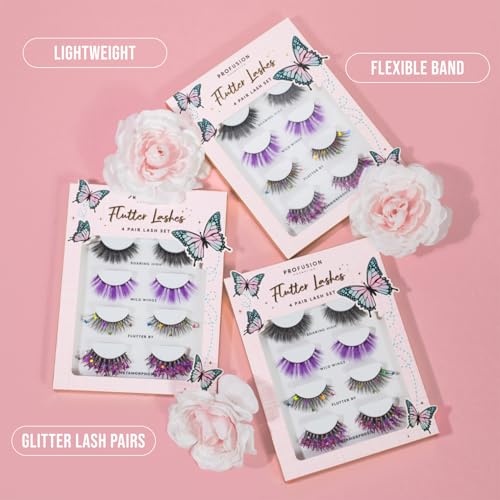 Profusion Cosmetics Empowered Butterfly Flutter Lashes 4 Pairs Eyelash Set ? Soft Wispy & Glitter False Lashes with Thin Flexible Band, Reusable & All-Day Comfortable Wear