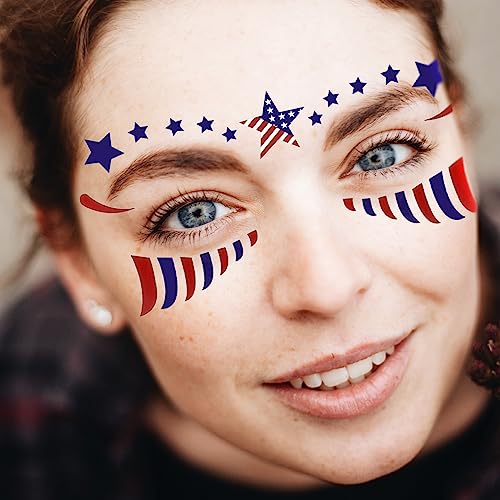 HOWAF 4th of July Face Tattoo Stickers, 10Pcs USA Independence Day Facial Makeup Stickers, Patriotic Fake Tattoos, Waterproof, Red, White, Blue
