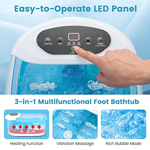 COSTWAY Foot Spa Bath Massager, with Heat, Bubbles & Vibration Mode, 12 Rollers & Pedicure Stone, Mini Acupressure Massage Points, Digital Temperature Control (Blue)