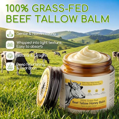 Beef Tallow for Skin & Face, Whipped Tallow and Honey Balm Cream, 100% Grass-Fed Beef Tallow Face Moisturizer with Raw Honey, All Natural Organic Body Lotion Skincare for Soft Smooth Skin, 3.5 OZ