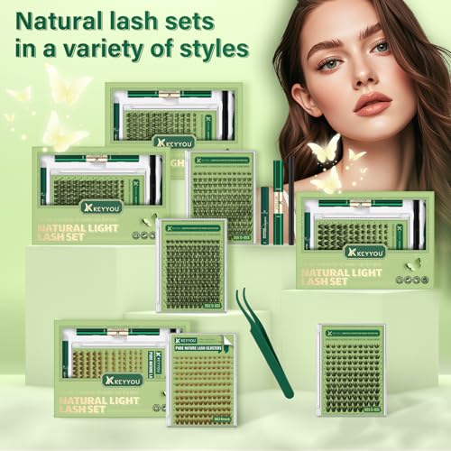 KEYYOU Natural Lash Clusters Kit 144Pcs DIY Lash Extension Kit Wispy Eyelash Extensions Kit D Curl 8-16MIX with Bond and Seal and tweezers with Thin Lash £¨KIT-N03-Brown-D-8-16MIX£©