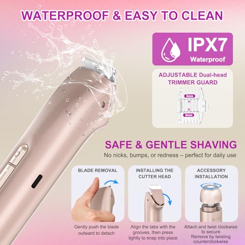 Bikini Trimmer for Women 2-in-1, Dual-Head Electric Razors for Women, IPX7 Waterproof Pubic Hair Trimmer, Facial & Body Electric Shaver, USB Rechargeable, LED Display, Rose Gold