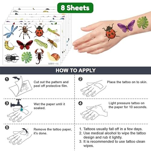 Bug Temporary Tattoos Party Favors 96 PCS Bees, Spiders, Beetles, Caterpillar, Ladybug Themed Stickers for Kids Birthday Party Supplies, Decorations, Favors, and Prizes - Cute Gifts for Boys