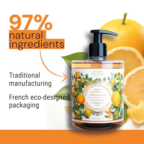 Panier des Sens - Provence Marseille Liquid Hand Soap + 2 Hand Soap Refills - Moisturizing Soap with Coconut Oil - Bathroom & Kitchen Foaming Soap - 96% Natural Ingredients Hand Wash - 50.7 Fl.oz