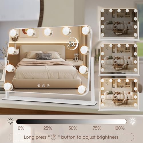 360¡Æ Vanity Mirror with Lights 11 Led Bulbs Hollywood Lighted Makeup Mirror with 5X Magnification Mirror Hollywood Cosmetic Mirror Tabletop Makeup Mirror with 3 Lighting Modes 16x13 Inch