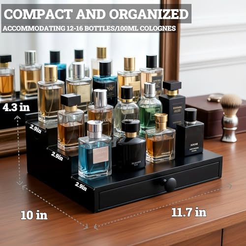 Classic Wooden Cologne Organizer for Men 3 Tier | Black Perfume Holder Shelf for Dresser | High Grade Velvet Lining and Stylish Gift Box | Uncluttered Design Perfume Display Stand