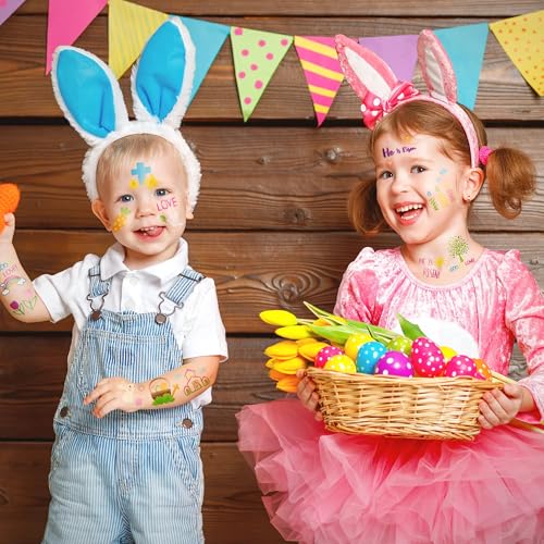 ANGOLIO 144Pcs Easter Doodles Temporary for Kids, Bible Easter Tattoos Stickers Easter Bunny Temporary Tattoos, Christian Religious Easter Cross Waterproof Body Stickers Party Favors