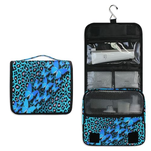 Hanging Toiletry Bag for Women Blue Leopard Butterfly Print Makeup Bag Travel Essentials Toiletries Organizer Bag Cheetah Print Cosmetic Bag Foldable