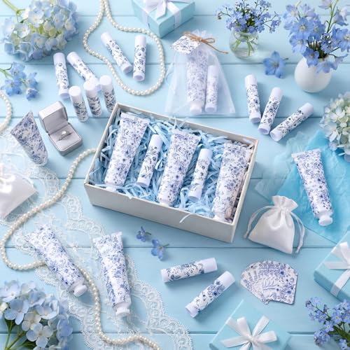 Loopeer 60 Sets Blue Floral Bridal Shower Hand Cream and Lip Balm Gift Bulk Blue Flower Wedding Favors Travel Size Hand Lotion and Lip Balm Wedding Bridal Baby Shower Party Supplies for Guests